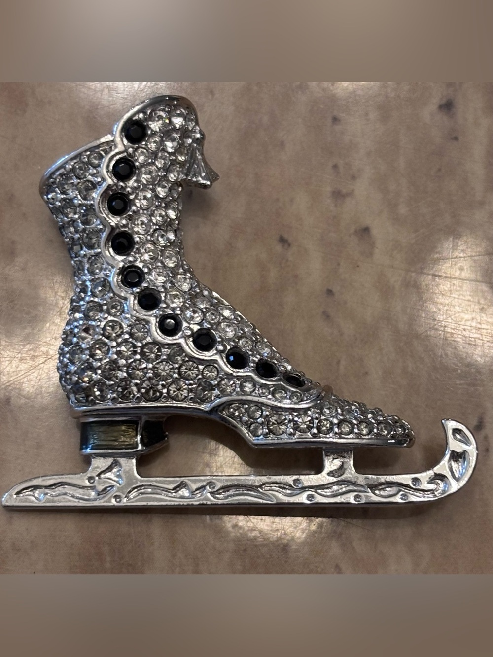 Vintage Rhodium-Tone Clear & Black Pavé Crystal Ice Skate Brooch Pin